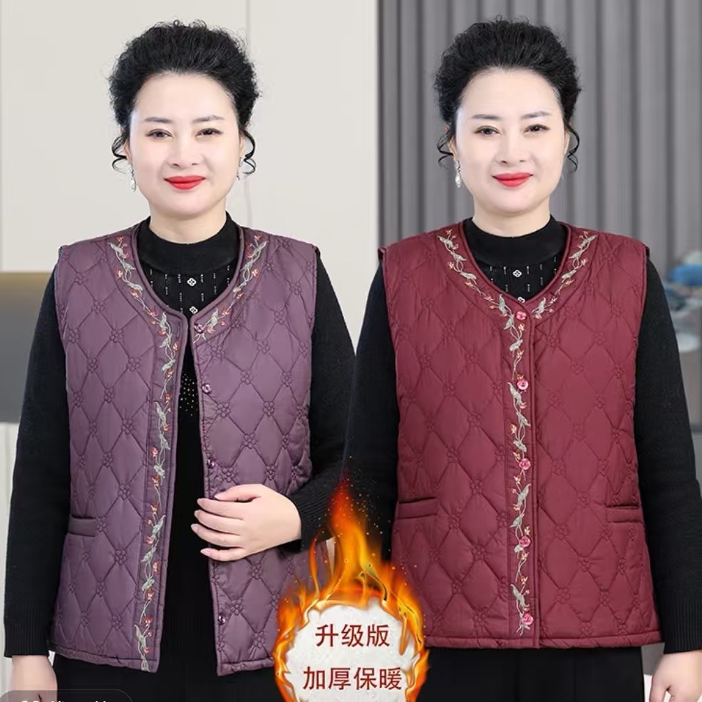 中老年妈妈装秋冬季新款刺绣压花无袖加绒保暖马甲