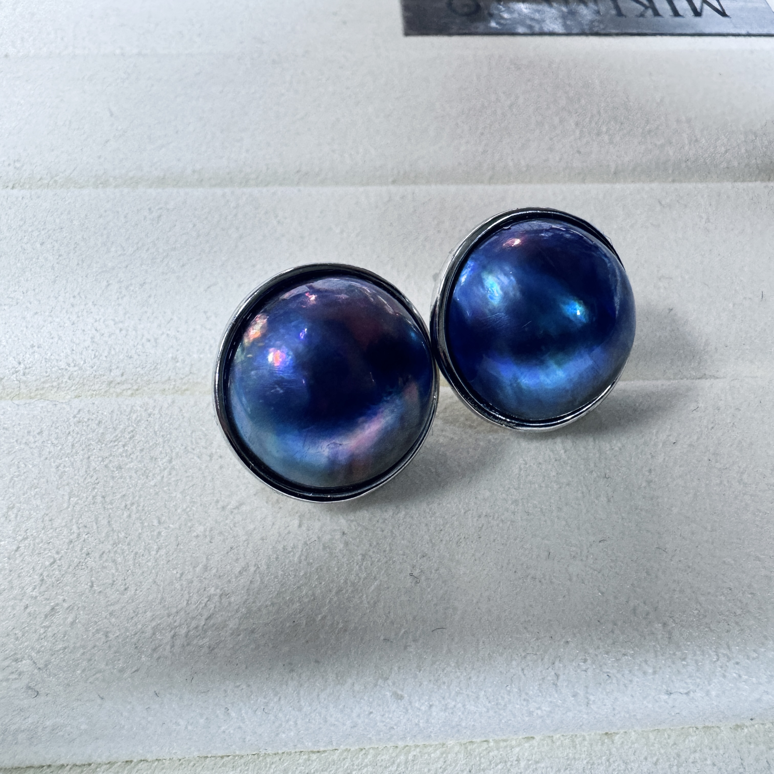 马贝耳钉16-17mm豪华镶嵌s925银蓝色气质时尚极光梦幻