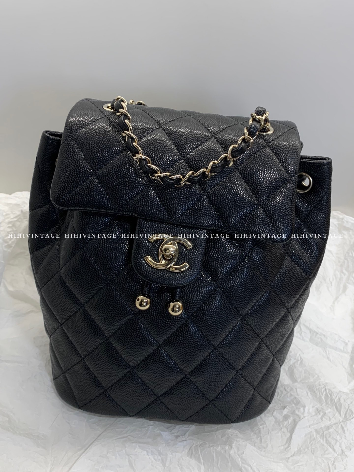 95新 Chanel/香奈儿 HIHI/ 黑金荔枝纹金珠萨尔茨堡双肩包8917578