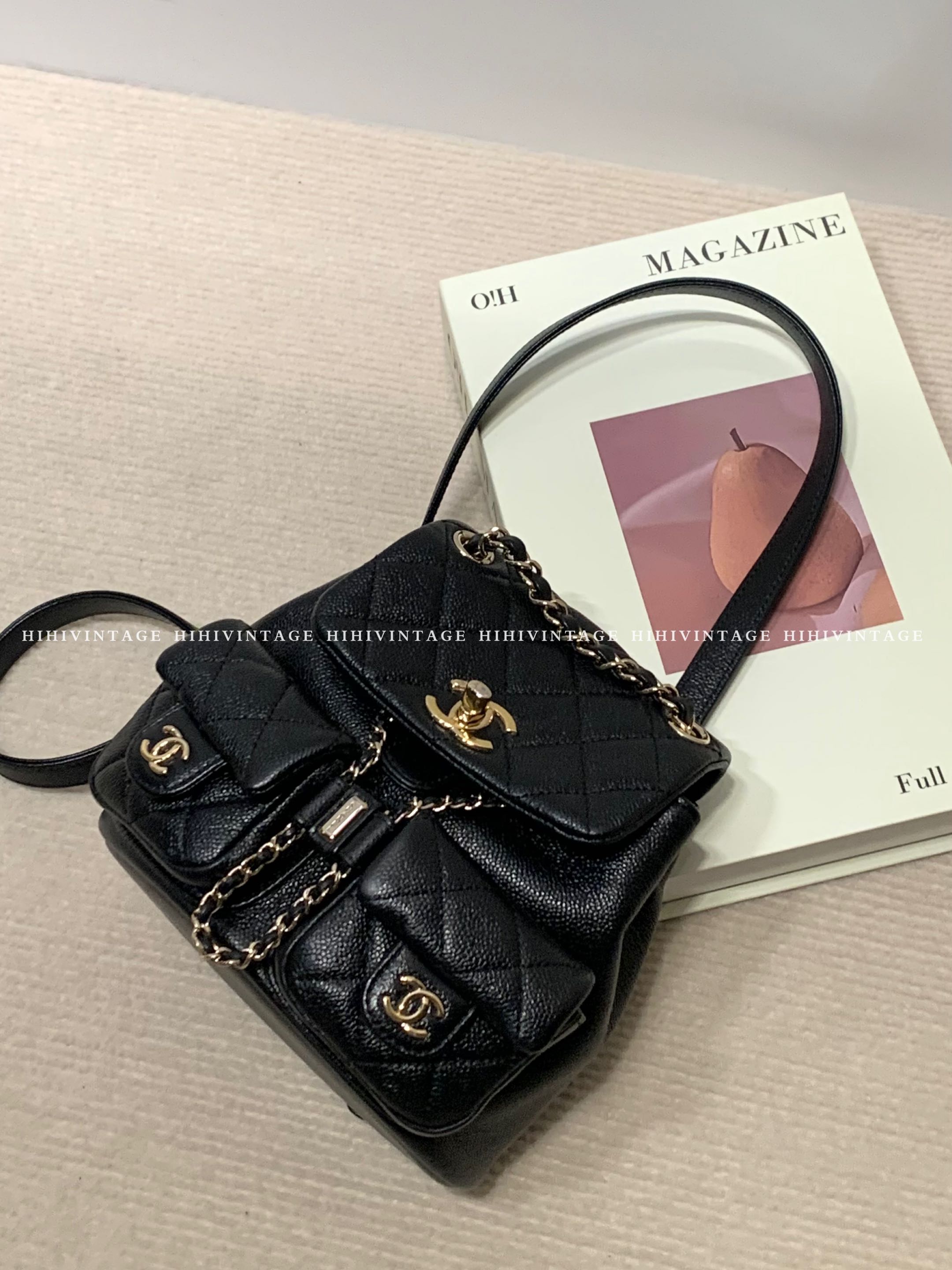 99新 Chanel/香奈儿 HIHI/Chanel 黑金荔枝纹duma双肩青蛙包 小号