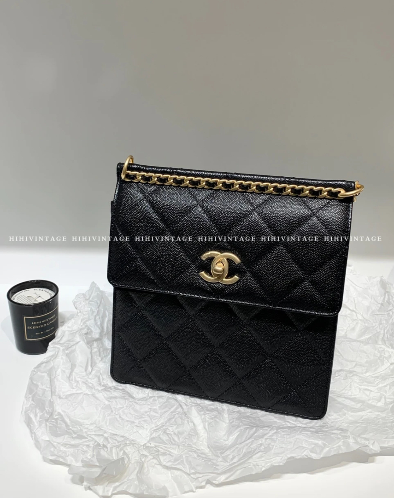 99新 Chanel/香奈儿 HIHI/23A黑金荔枝纹滚边信封双肩包/10473962