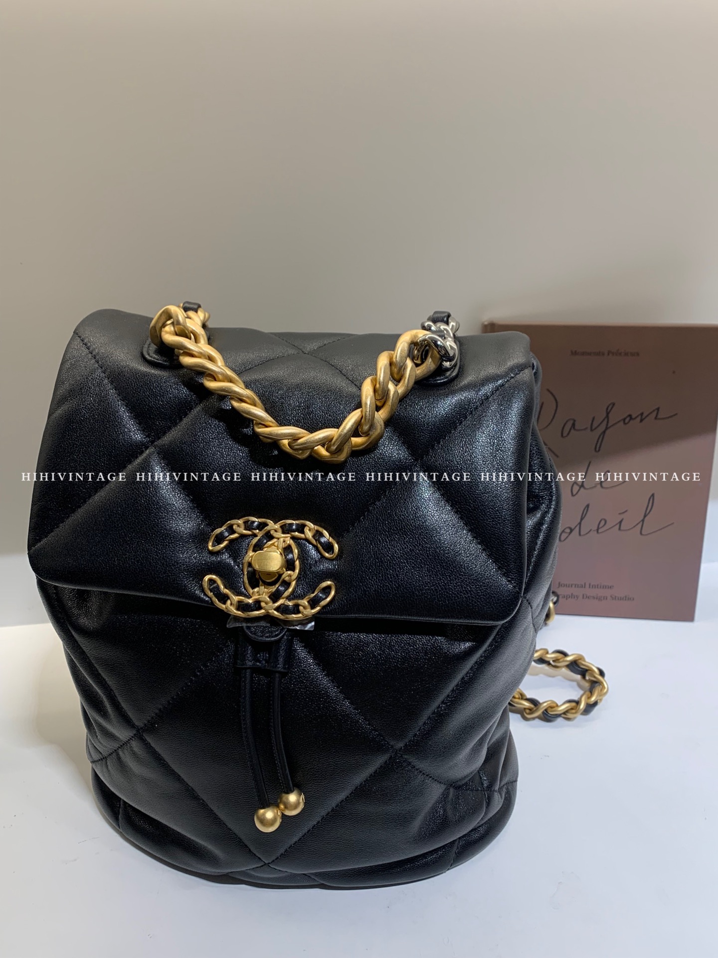 99新 Chanel/香奈儿 HIHI/24C黑金双金珠19bag双肩包 芯片款