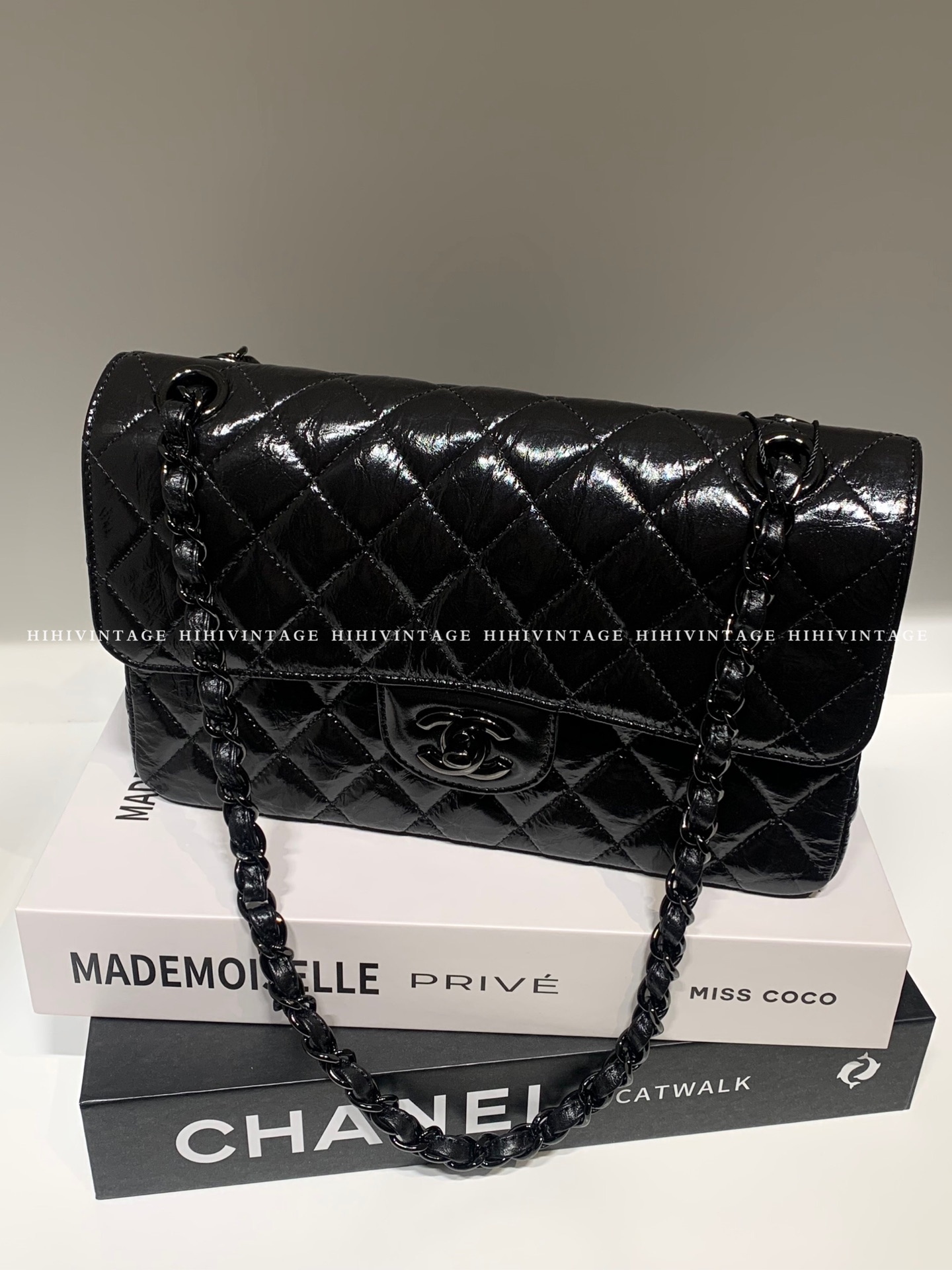 99新 Chanel/香奈儿 HIHI/so black油蜡皮小号CF单肩包 29开