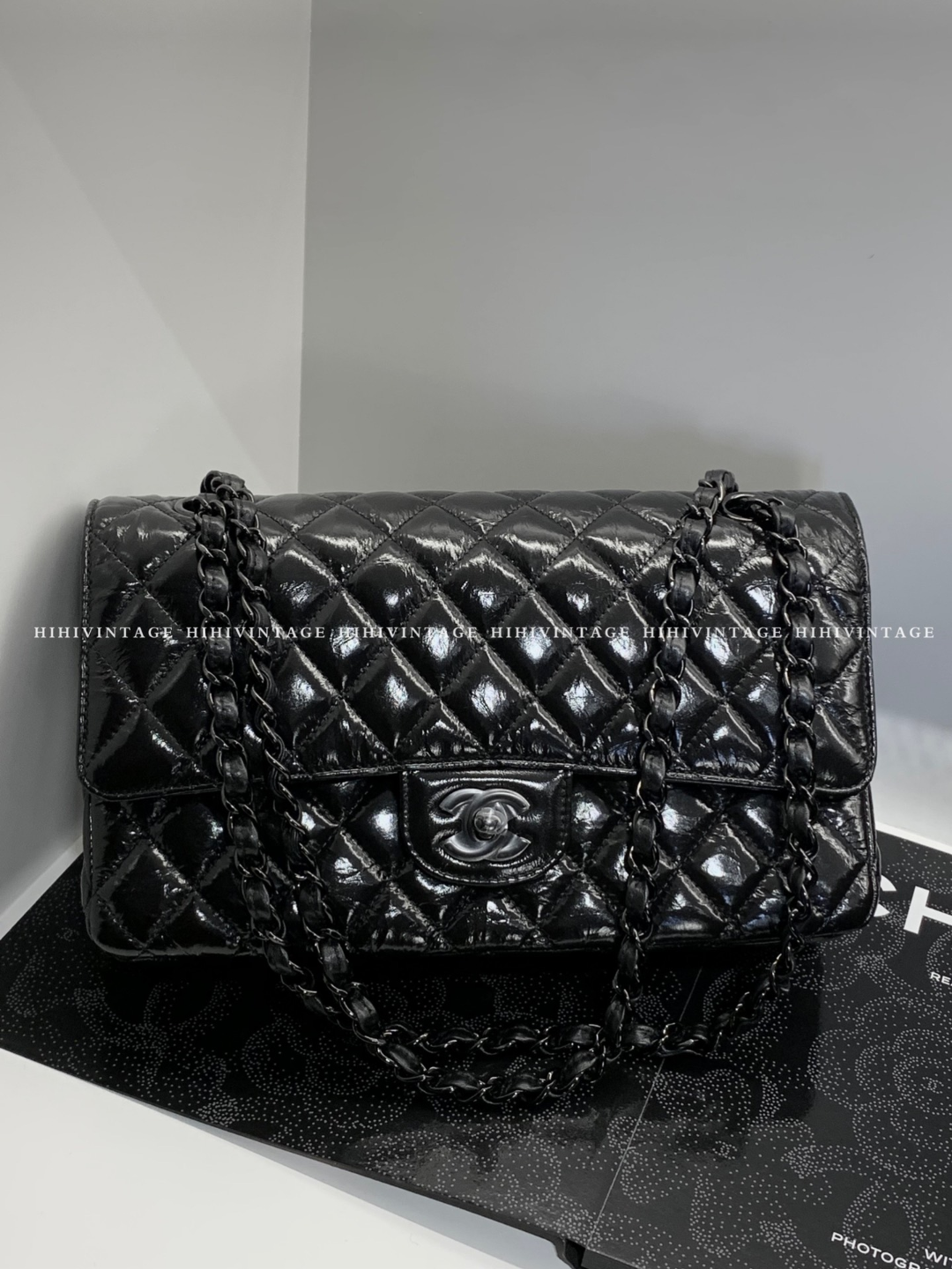 99新 Chanel/香奈儿 HIHI/so black油蜡皮中号CF单肩包9429588