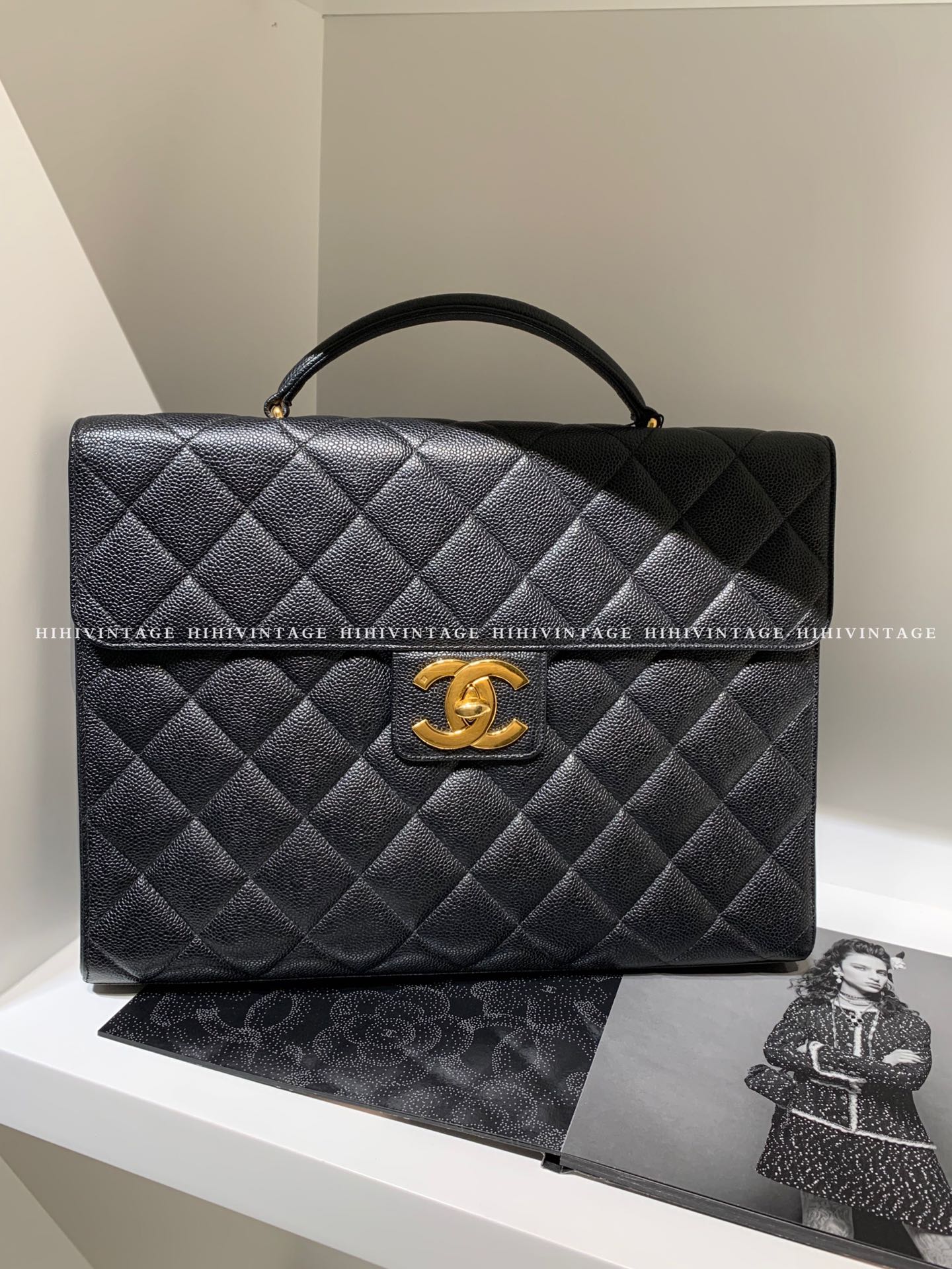 95新 Chanel/香奈儿 HIHI/CHANEL 黑金荔枝纹公文包 5开