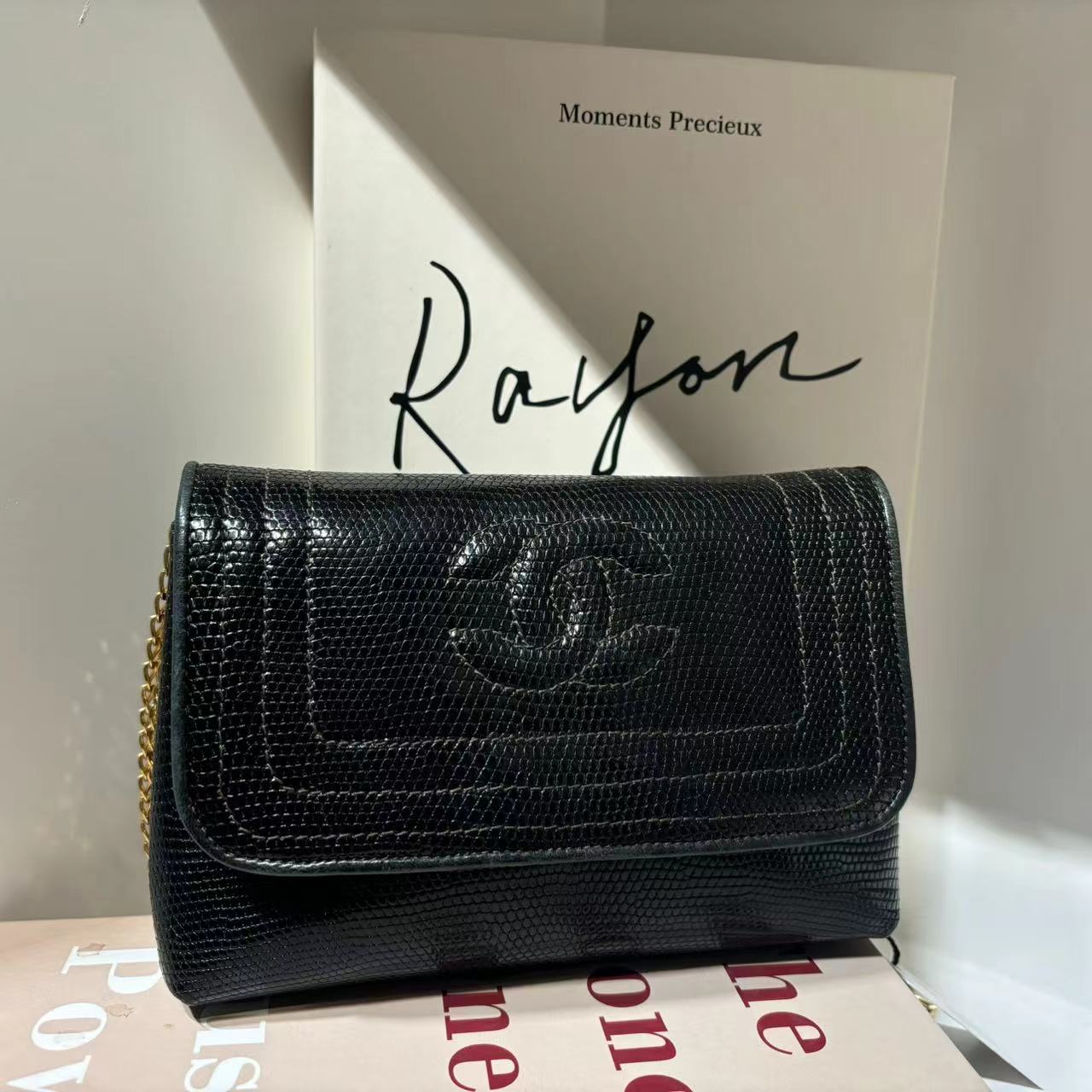 95新 Chanel/香奈儿 HIH/黑色蜥蜴皮雕花链口盖包 0开9236836