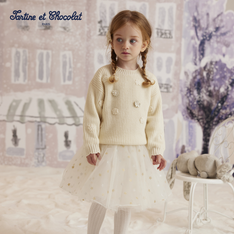 TC法国巧克力童装24秋冬新款女童套头立体花毛衣CIKAE4V44A