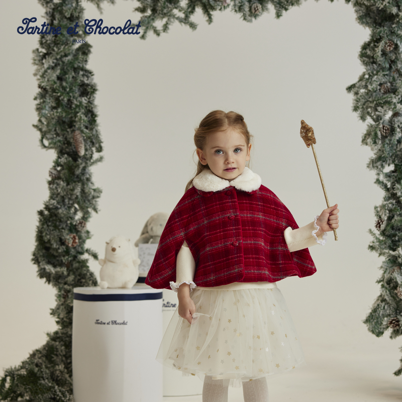 TC法国巧克力童装24秋冬新款女童可拆卸毛领披肩CIJWE4C41K