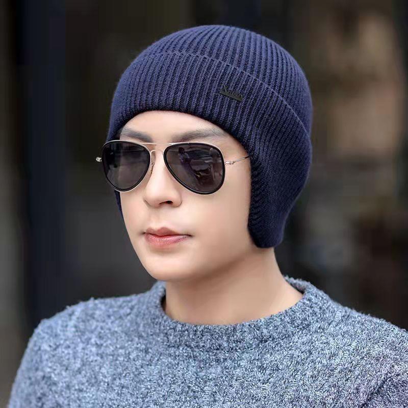 冬天毛线帽子男士纯色护耳套头帽加绒加厚户外防寒保暖加厚针织帽