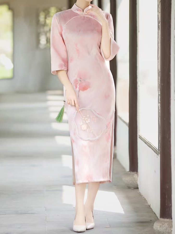 日常气质中式改良旗袍长款复古修身中长袖春秋装显瘦少女中国风