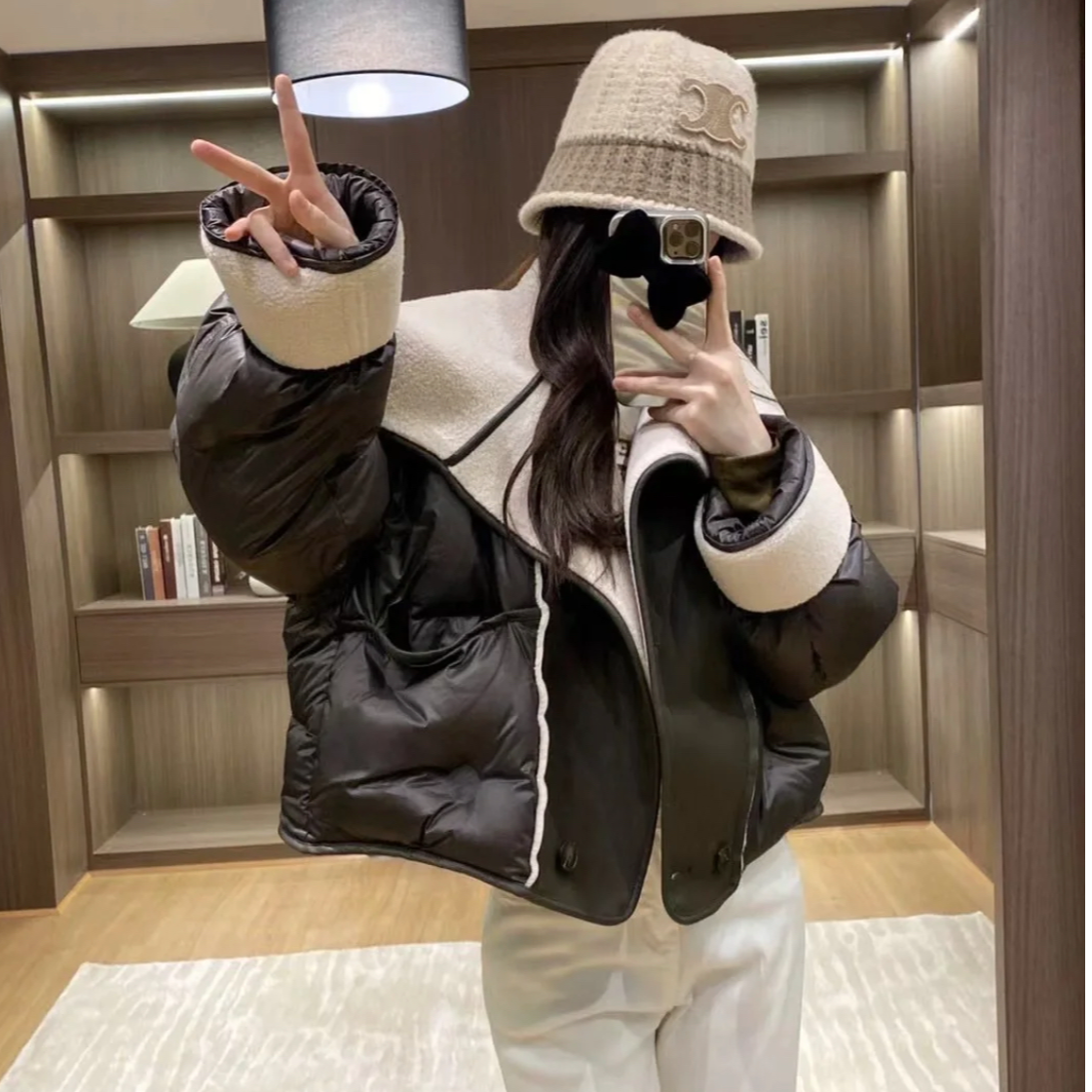 XIAOY I 时髦拼接羽绒时尚潮流百搭复古美拉德风短款羽绒服女