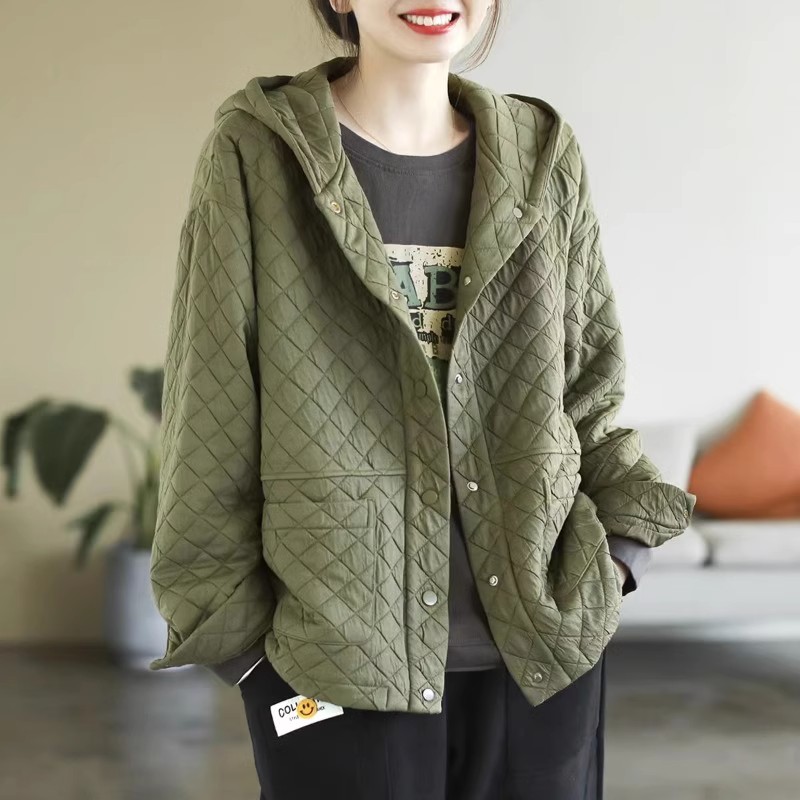 雅麦斯复古大码连帽棉服女秋冬2023新款宽松休闲菱格短款棉衣外套