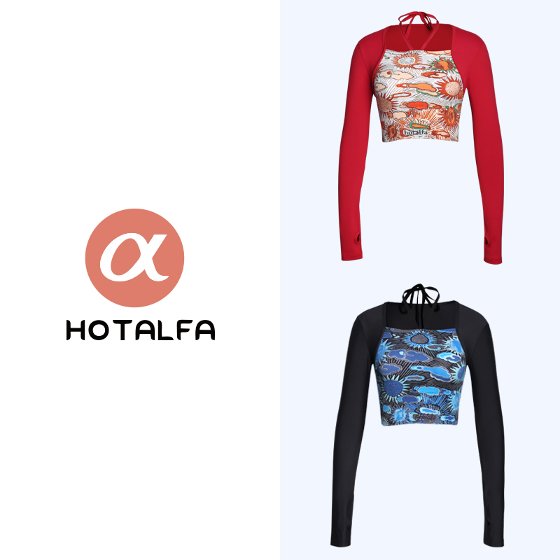 新款长袖运动健身瑜伽服T恤修身显瘦打底衫印花拼接带胸垫一体杯