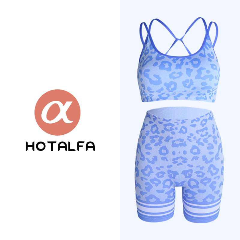【蓝豹纹】健身瑜伽服背心套装提花设计美背透气运动文胸短裤两件套