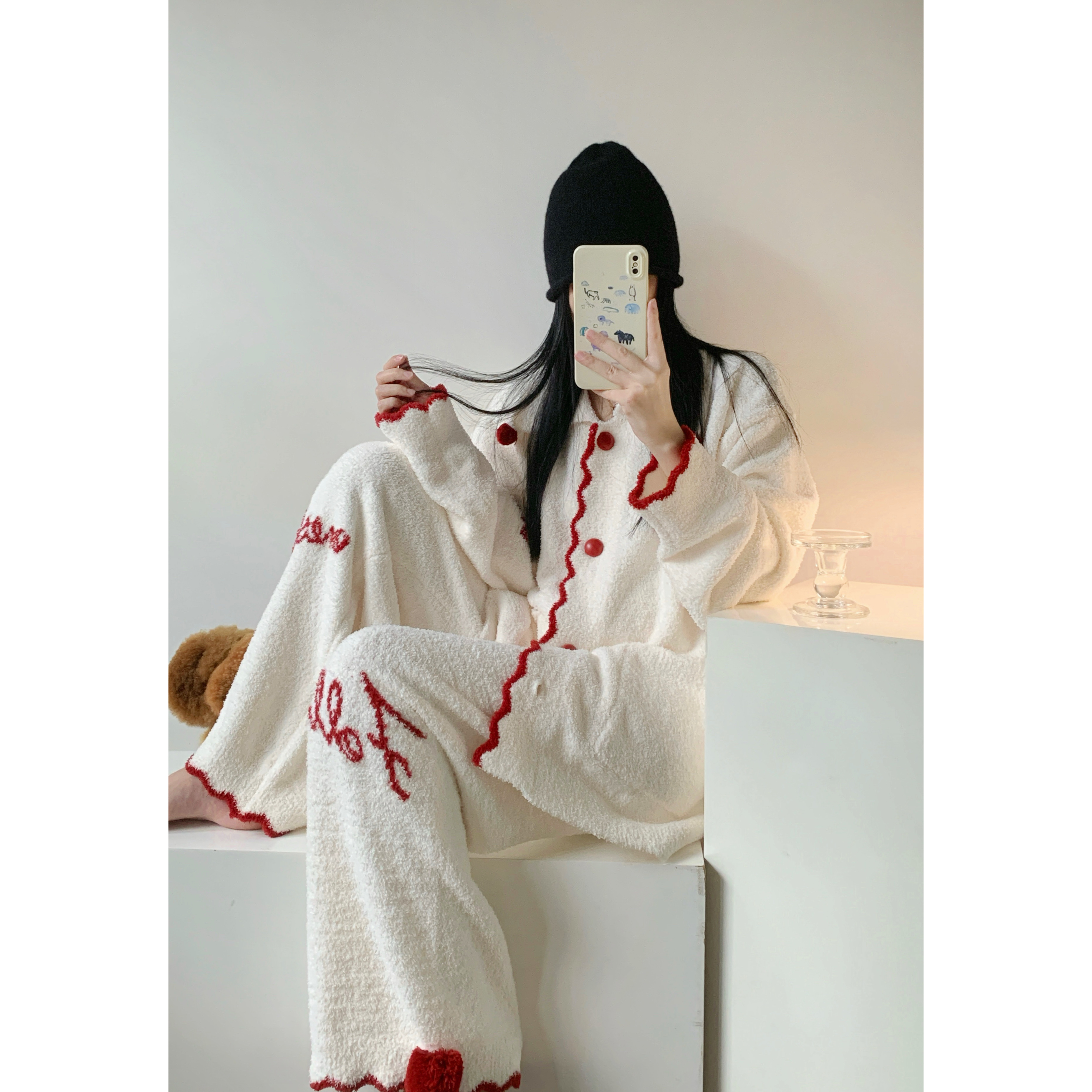 【甜美口袋】韩版半边绒睡衣女秋冬季2025新款加绒针织家居服套装