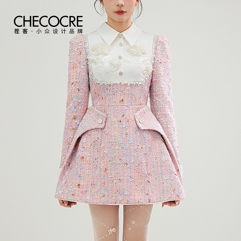 茬客温柔浪漫风连衣裙重工珠片设计立体花朵A字裙CM700525