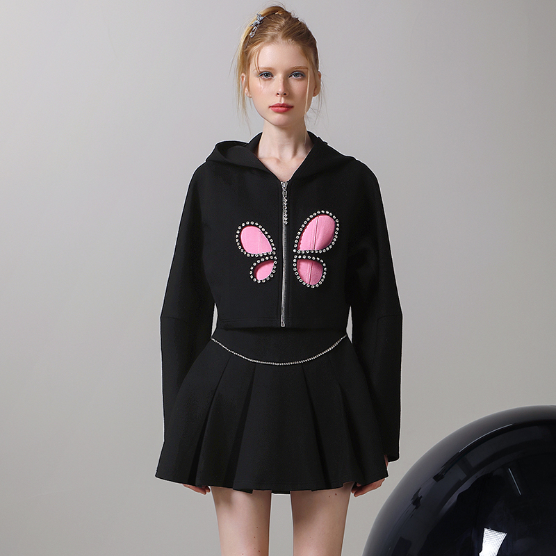 【老板娘夏天】茬客蝴蝶镂空连帽上衣高腰百褶裙两件套CM700335AB