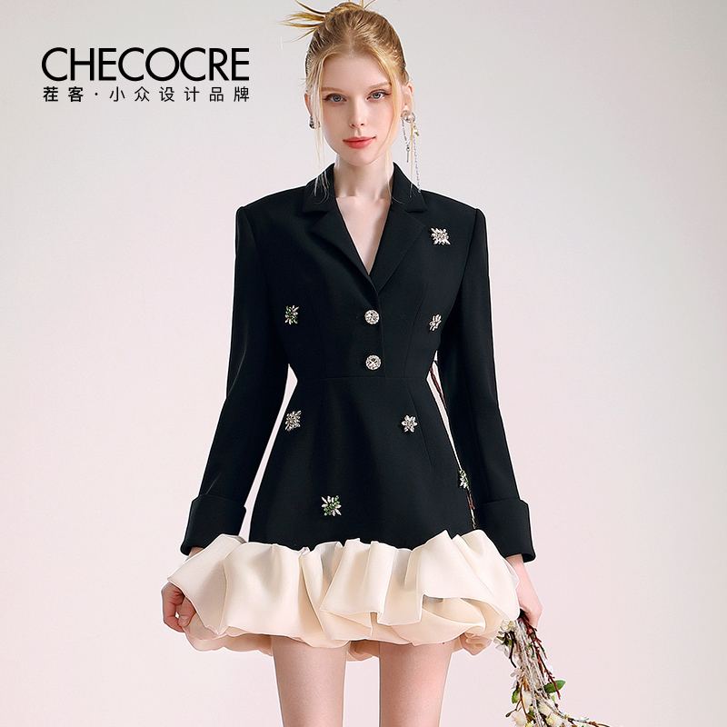 茬客西装裙钉珠气质优雅不规则欧根纱拼接显瘦通勤连衣裙CM700212