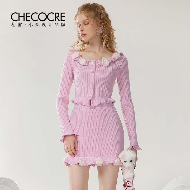 茬客浪漫甜美风毛织套装裙减龄感立体钩花撞色设计上衣CM700474AB