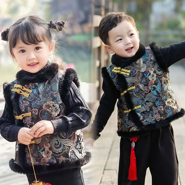 男童加厚背心女童加绒保暖唐装棉马甲中国风儿童新年汉服宝宝坎肩