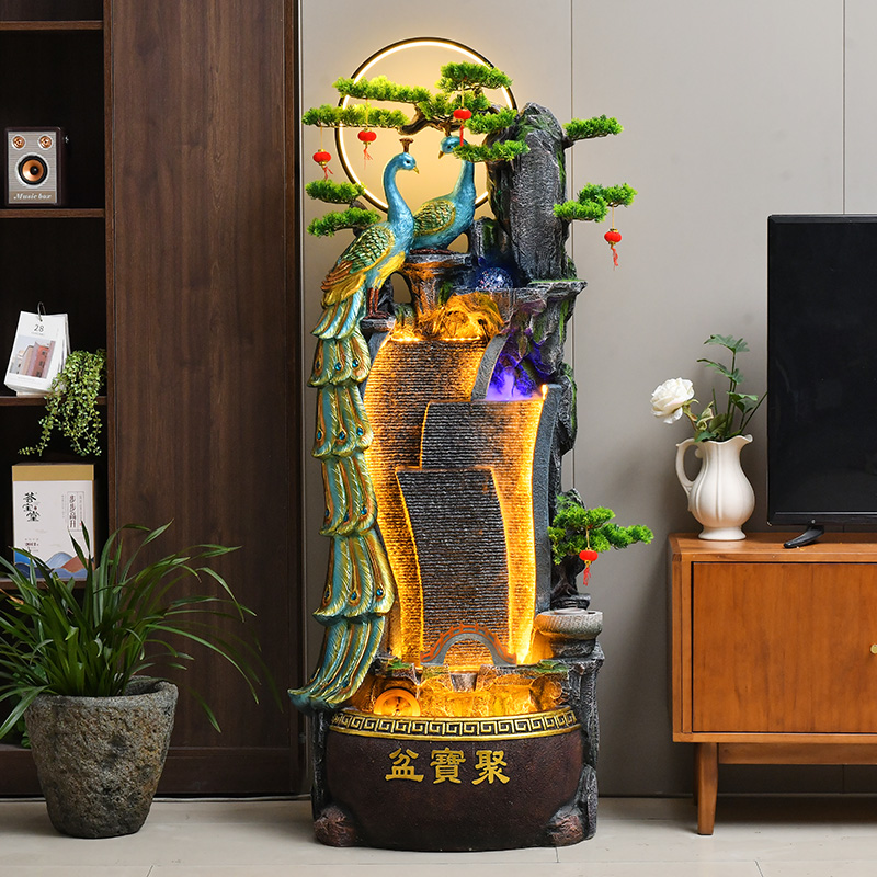 孔雀山水水幕墙景观加湿器客厅阳台办公室装饰送礼开业落地大摆件