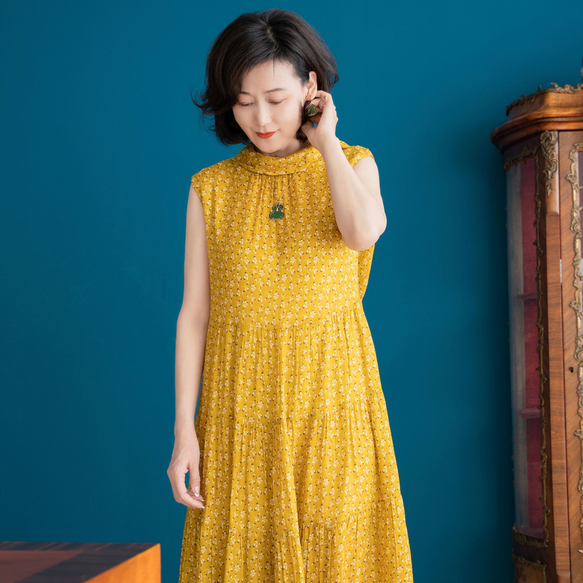 【维姐精选】CS 黄郁金香 进口印花系带无袖连衣裙 CS1L03L045