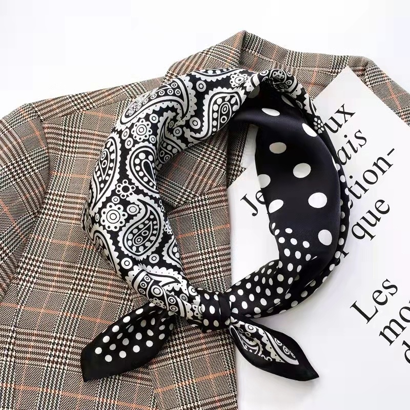 桑蚕丝丝巾 黑色 百变腰果波点53小方巾时尚高端真丝围巾百搭A006