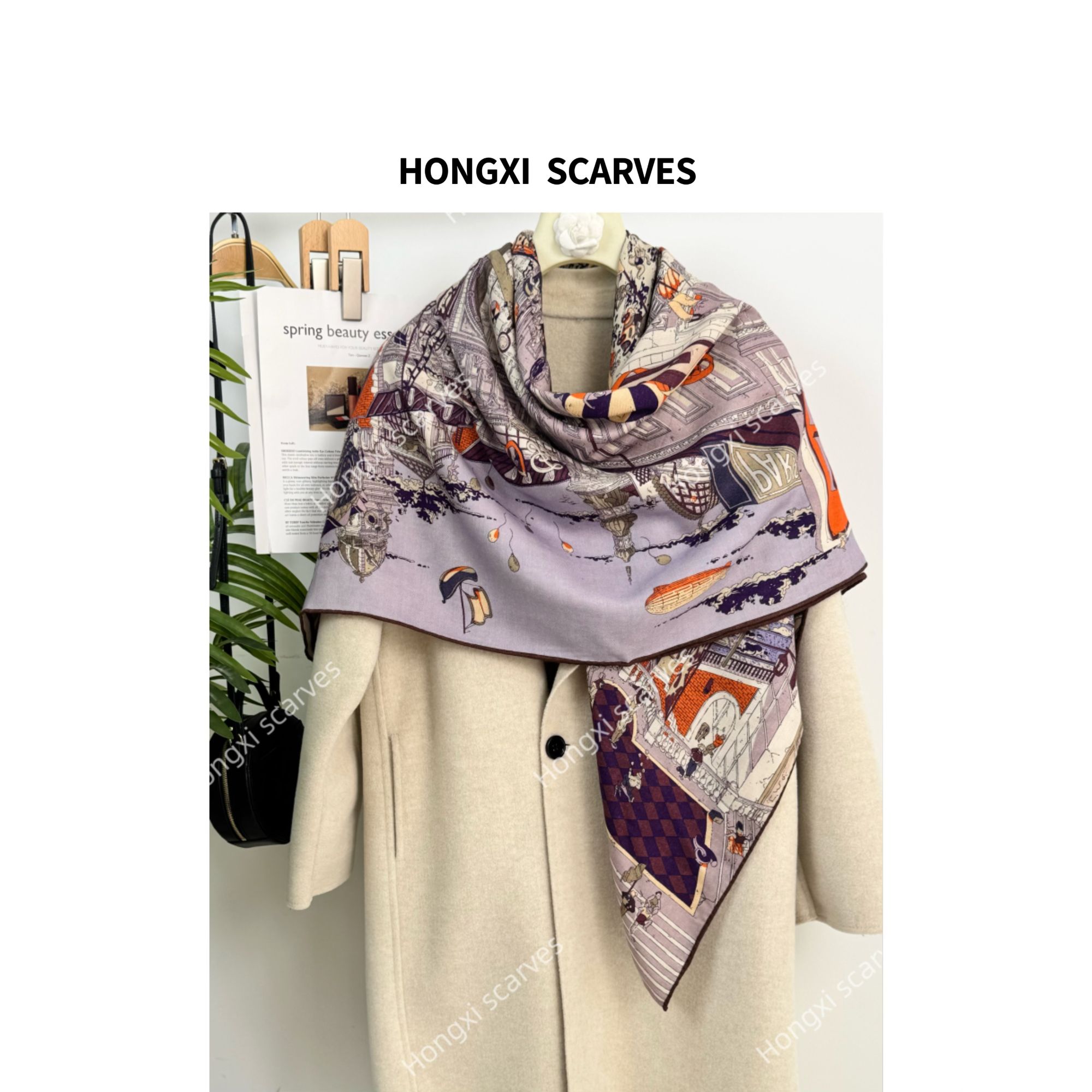 HZY丝毛双面印染街景130方巾手工卷边女士真丝丝巾披肩空调毯H015