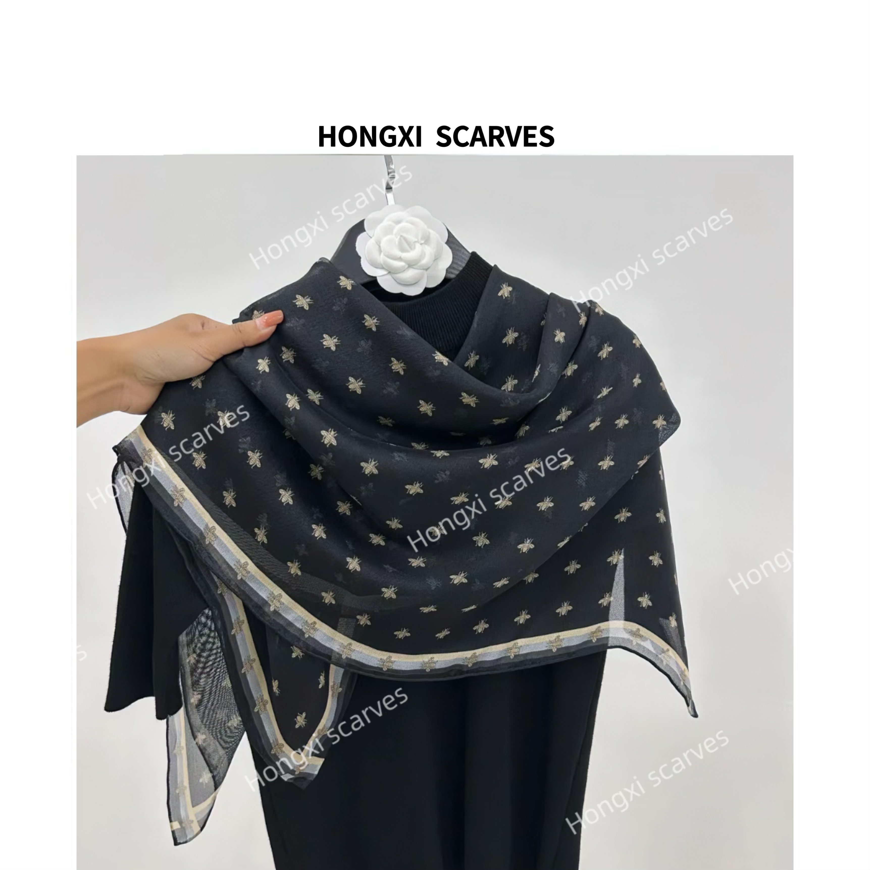 桑蚕丝西丽纱单面小蜜蜂105方巾女士丝巾搭配围巾大披肩外搭F056