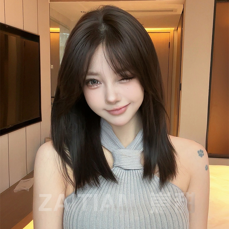 崽甜【咖啡甜心】假发女全头套蕾丝锁骨发中长减龄整顶仿真短发假发