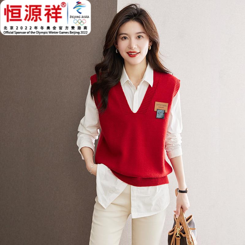 恒源祥集团红色v领毛衣马甲女士秋装2023新款短款无袖背心叠穿马