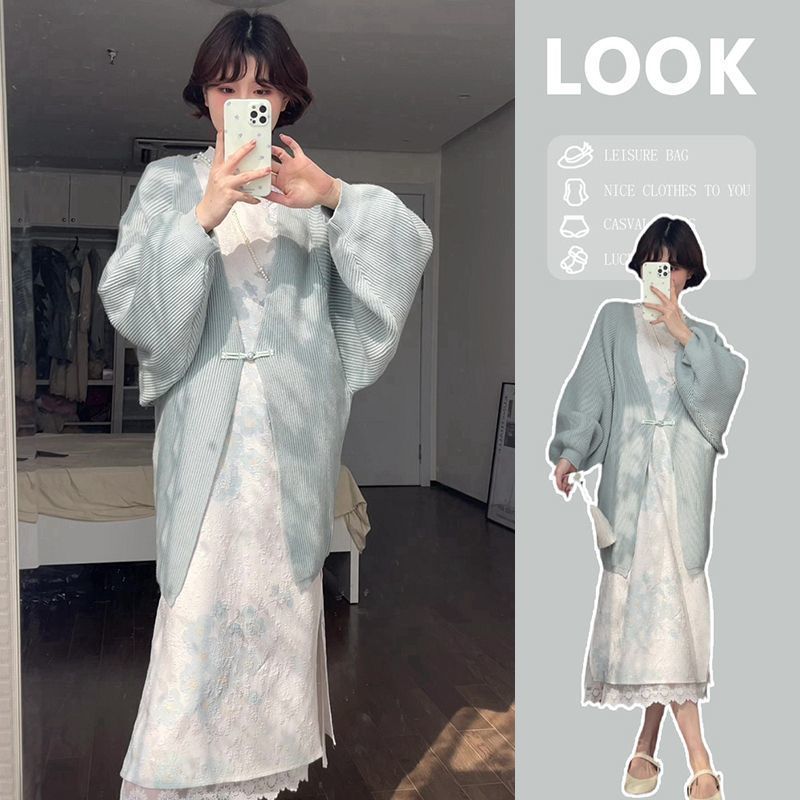 大码女装秋冬季2022新款旗袍裙长袖中长款毛衣新中式国风两件套装