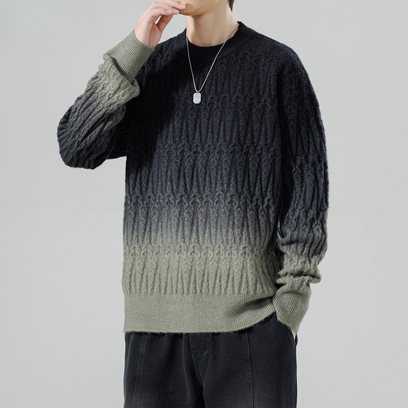 秋冬保暖男士针织衫秋冬新款韩版潮牌百搭渐变毛衣男装休闲圆领加