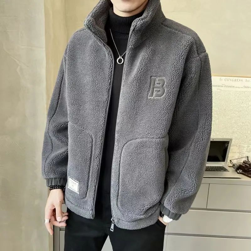 男士2023男秋冬季新款羊羔外套男士立领潮流加加厚男装冬装外