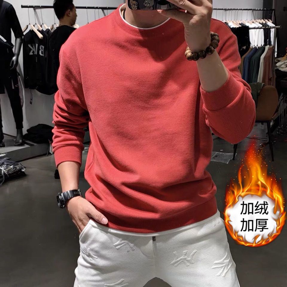 男士男士卫衣加加厚纯色长袖圆领百搭套头假二件上衣冬季男装