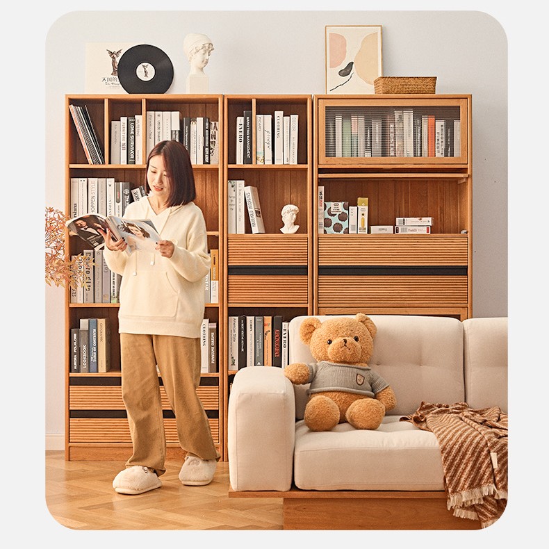 北欧实木书柜原木樱桃木橡木日式家用带玻璃门组合书架落地展示柜