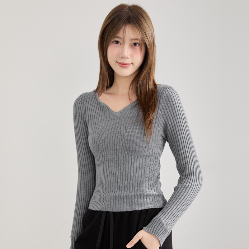 【衣凡YFA】 加绒加厚针织打底衫女秋冬v领毛衣内搭修身长袖上衣