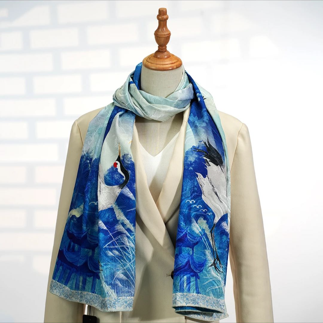 C353【华亭听鹤】高端香云龙鳞纹70*180丝巾百搭印花围巾时尚披肩女