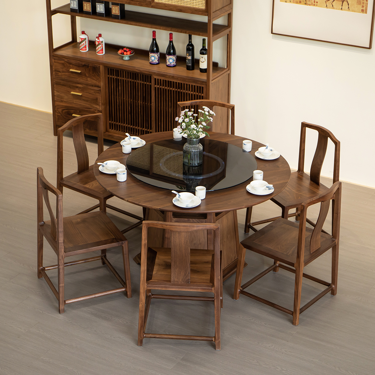 歆三明新中式圆桌组合黑胡桃实木餐桌椅轻奢家用转盘餐台高定家具