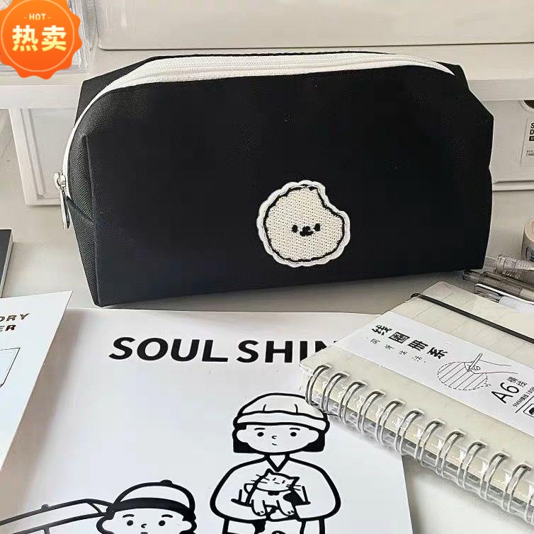 LLB28新款色简约小熊帆布笔袋日系学院风少女心猫咪收纳文具袋铅