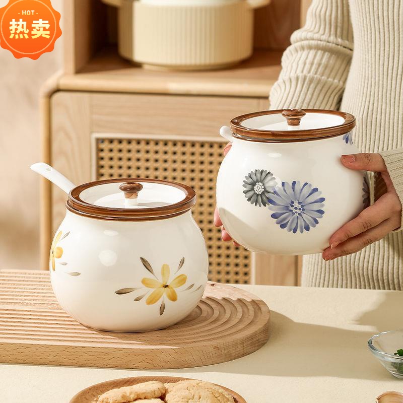 MDZ4复古好看陶瓷装猪油罐家用耐高温带盖勺辣椒油罐油泼辣子罐荤