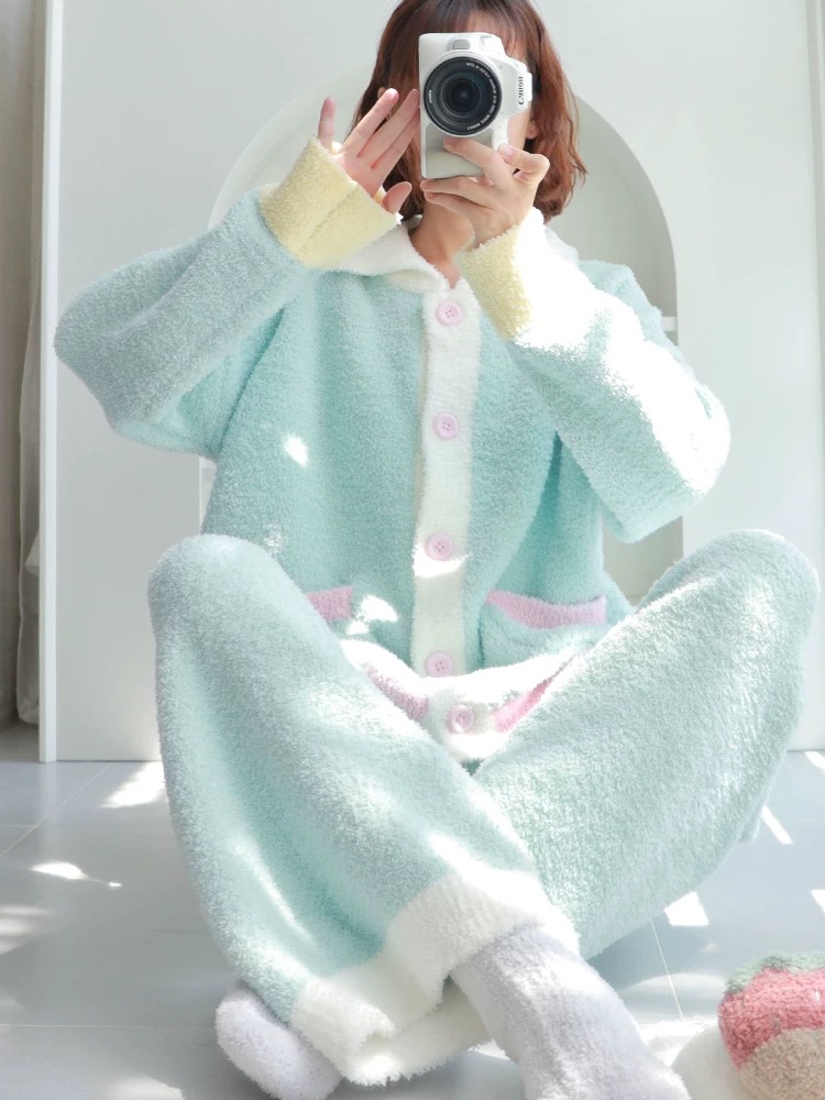 【马卡龙】软绵绵开衫睡衣秋冬季款甜美可爱加厚套装慵懒显白家居服