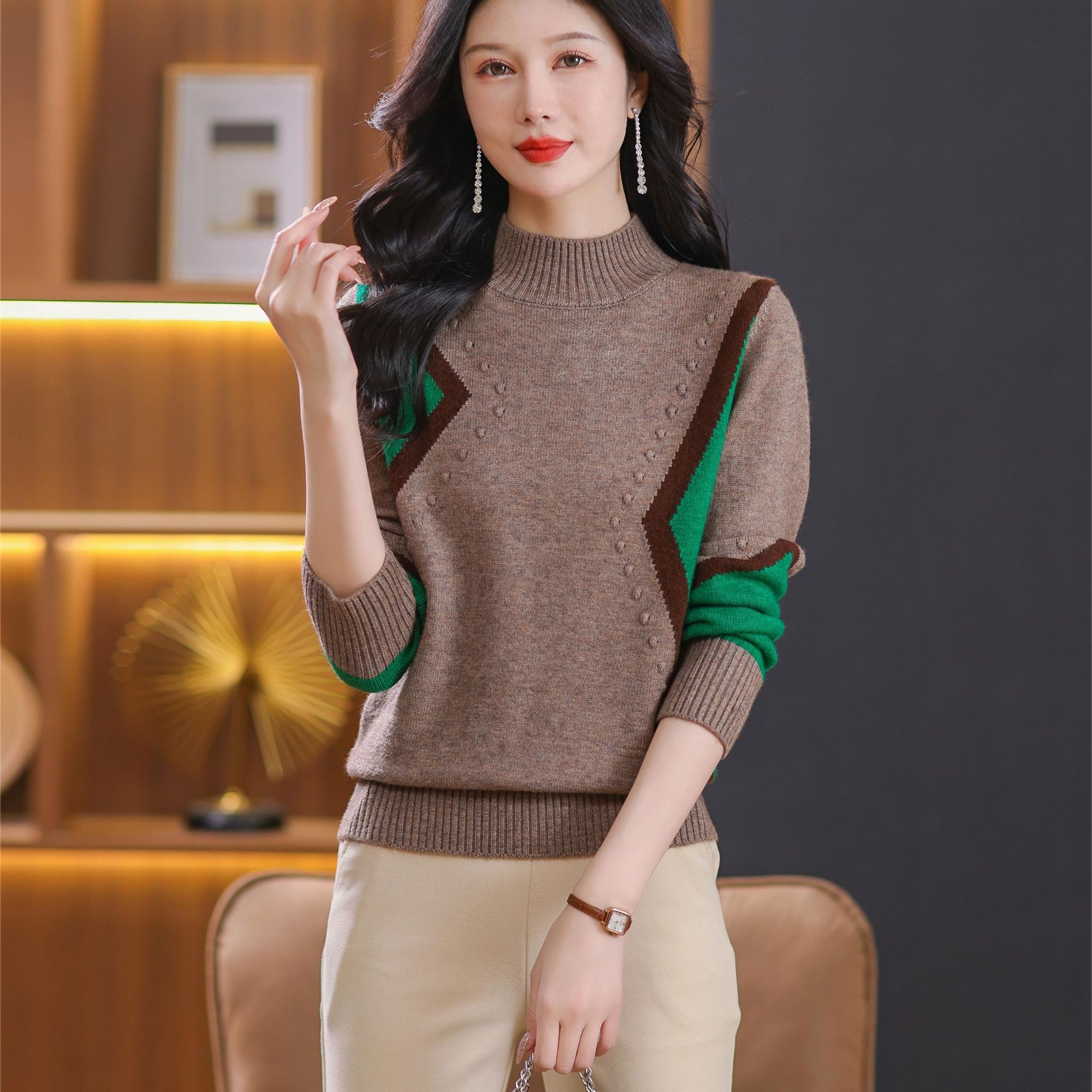 拼色秋冬季加厚毛衣半高圆领打底衫时髦时尚洋气内搭女装针织上衣