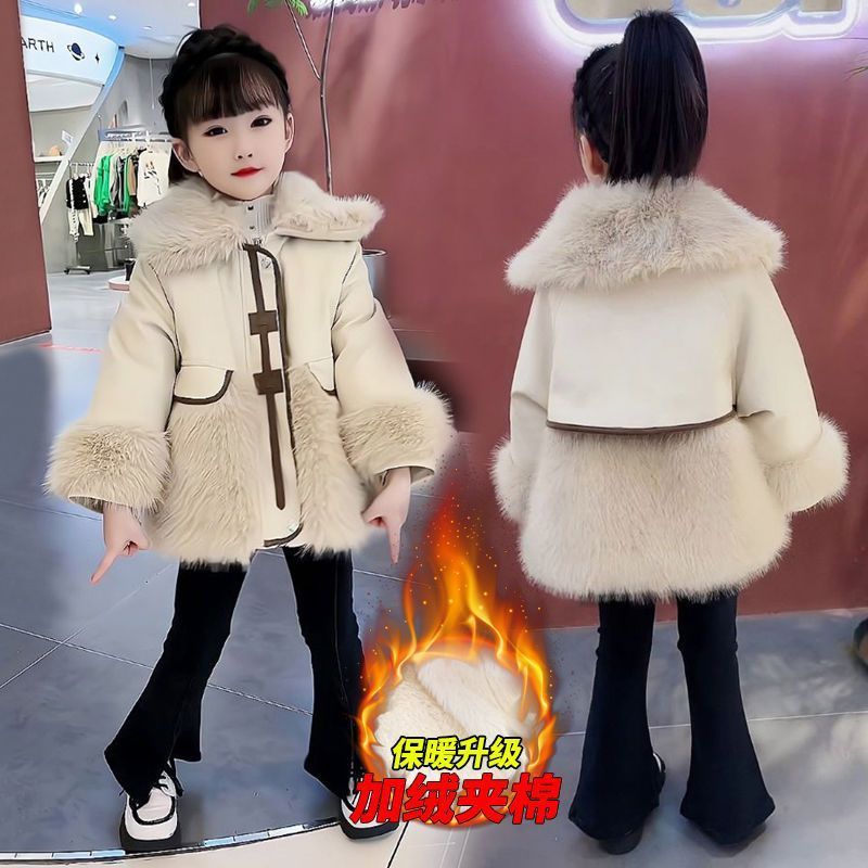 女童外套秋冬新款儿童装洋气中大童加绒皮毛一体派克服女宝毛毛衣