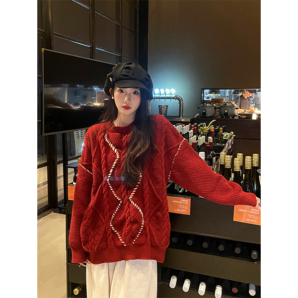 【七七自留】酒红色麻花套头毛衣女秋冬2024本命龙年加厚冬季宽松