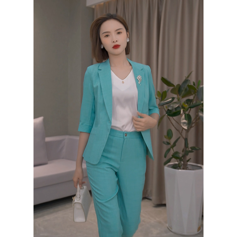 蓝绿色七分袖女装爆款休闲西装西服气质夏季薄款西装套装俩件套装