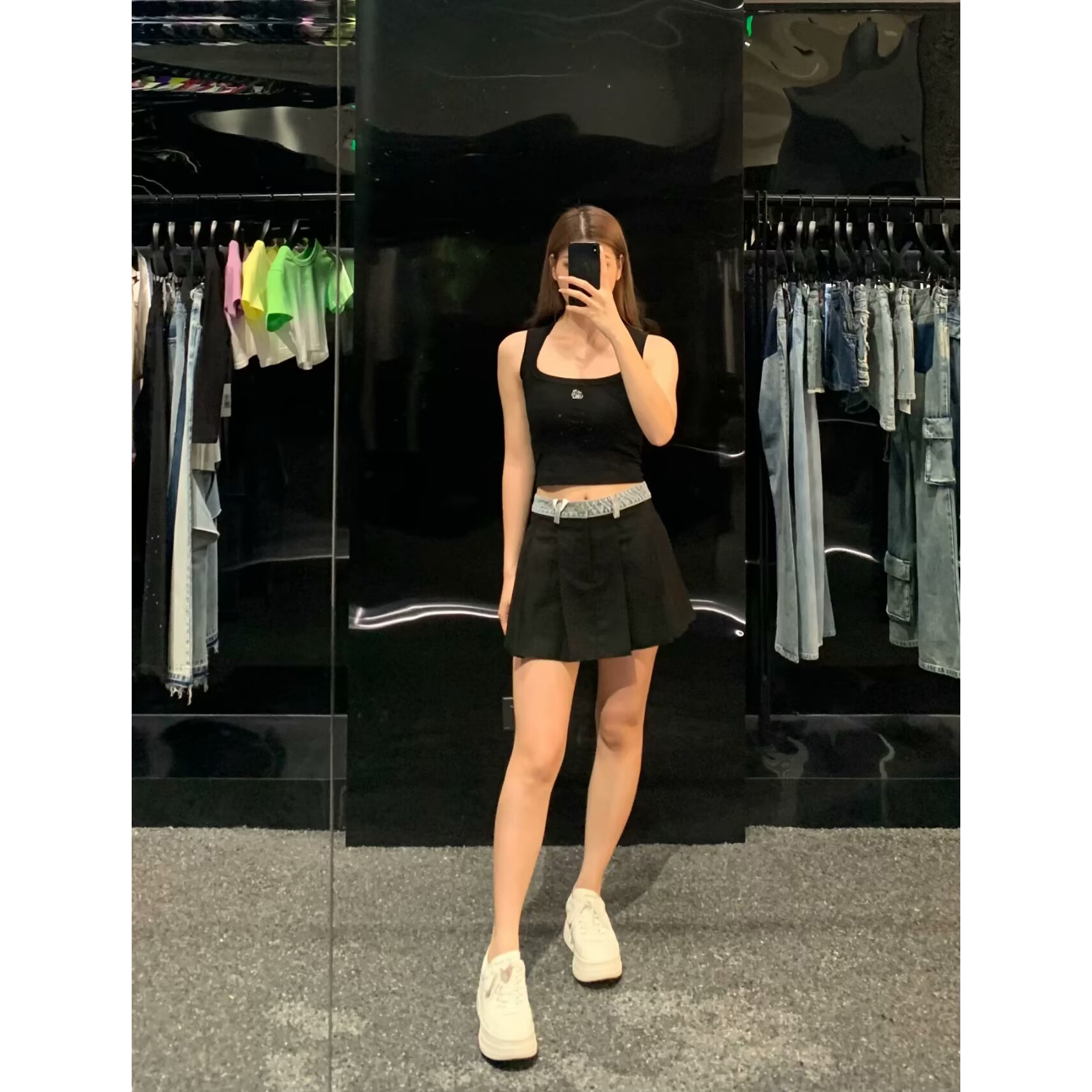 新款牛仔腰头百褶裙高腰设计感