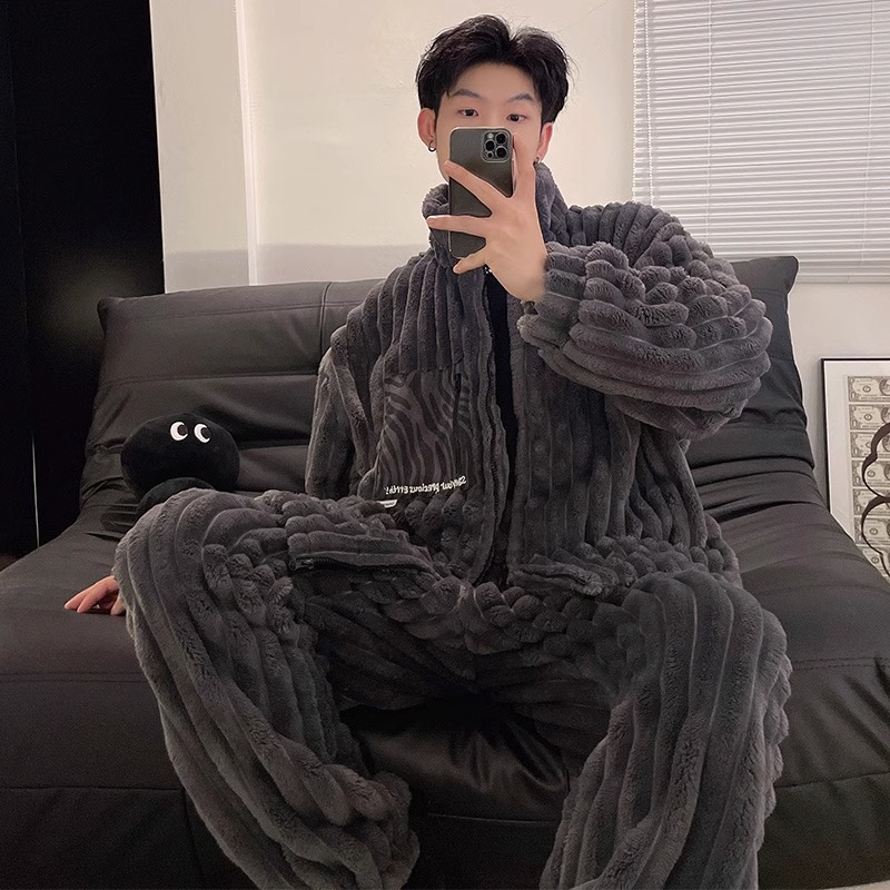 NY珊瑚绒睡衣男士2024新款冬季韩版加绒加厚大码法兰绒家居服套装
