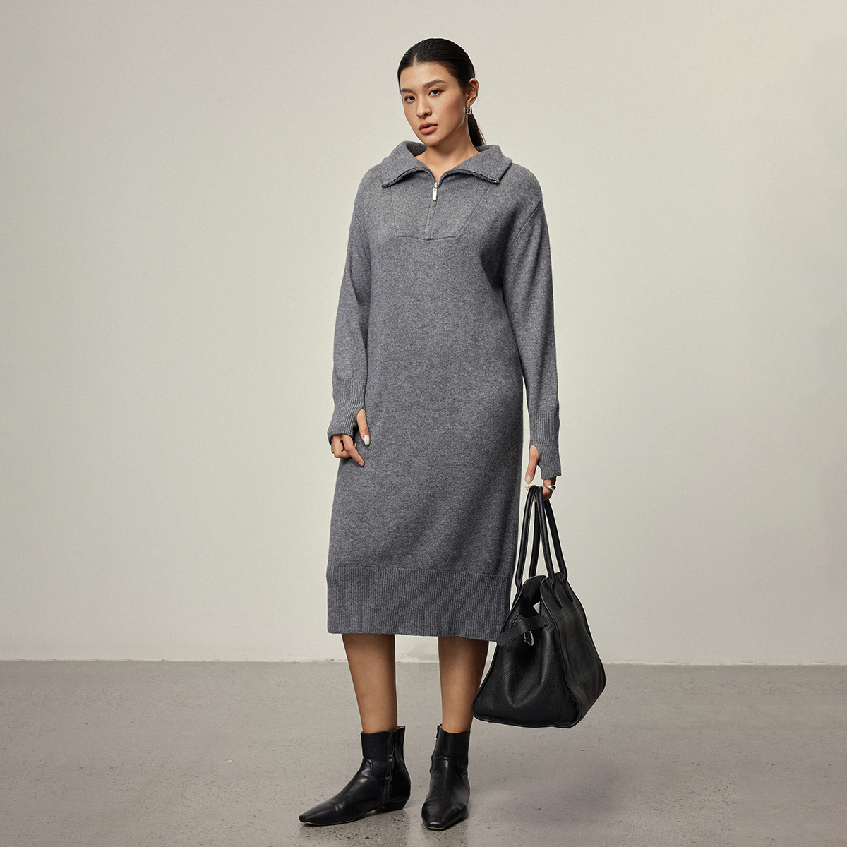 【折扣款】PLUSMALL 梅森日记 拉链翻领长袖毛织连衣裙PPPP2409107