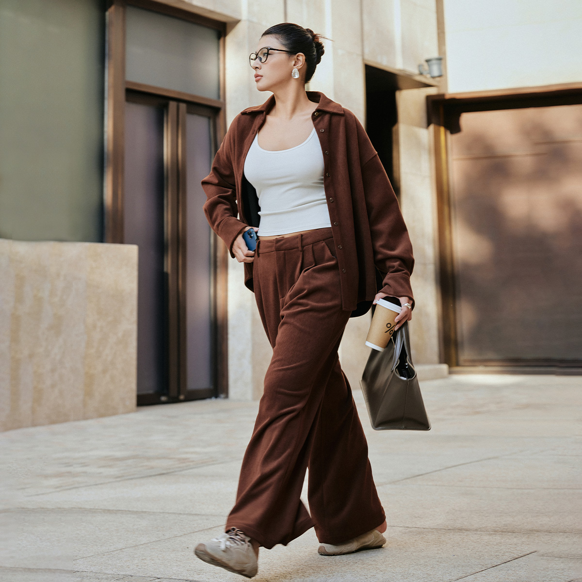 【折扣款】PLUSMALL 焦糖布丁 醋酸灯芯绒衬衫裤套装PPPP2410018AB